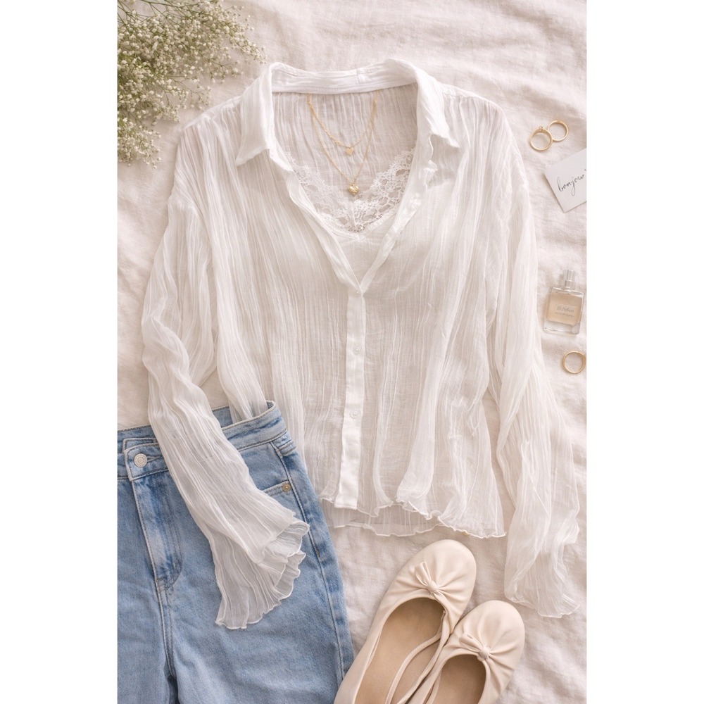 Sheer White Pleated Chiffon Button Blouse Womens XL Flowy Y2K Sheer Top preppy
